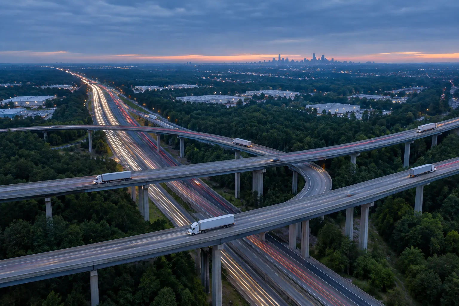 Aerial view at dusk of tractor-trailers crossing a multi-level interstate interchange, with a city skyline on the horizon