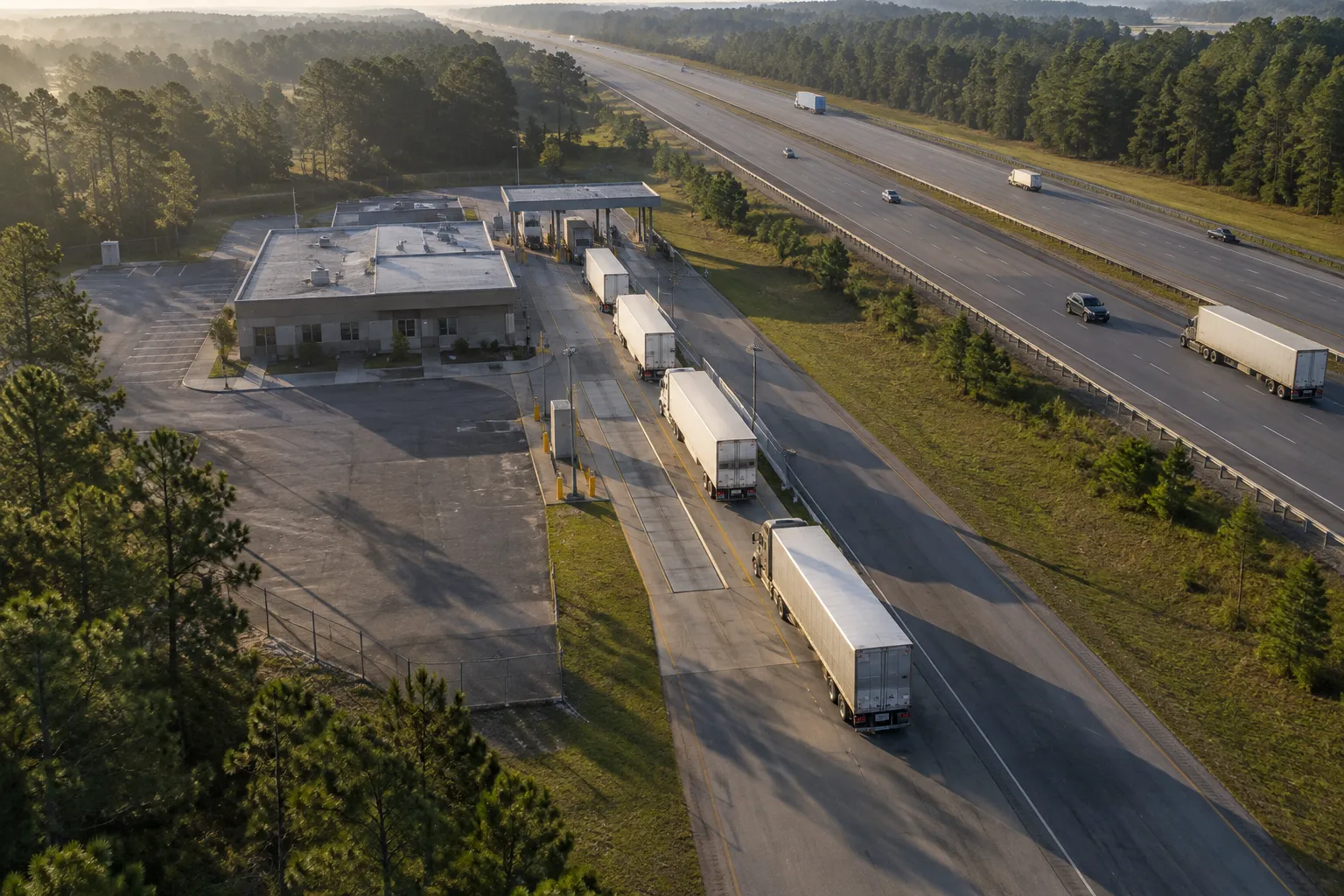 Tractor-trailers queued in the lane of a truck inspection station beside an interstate, with pine trees in early morning light